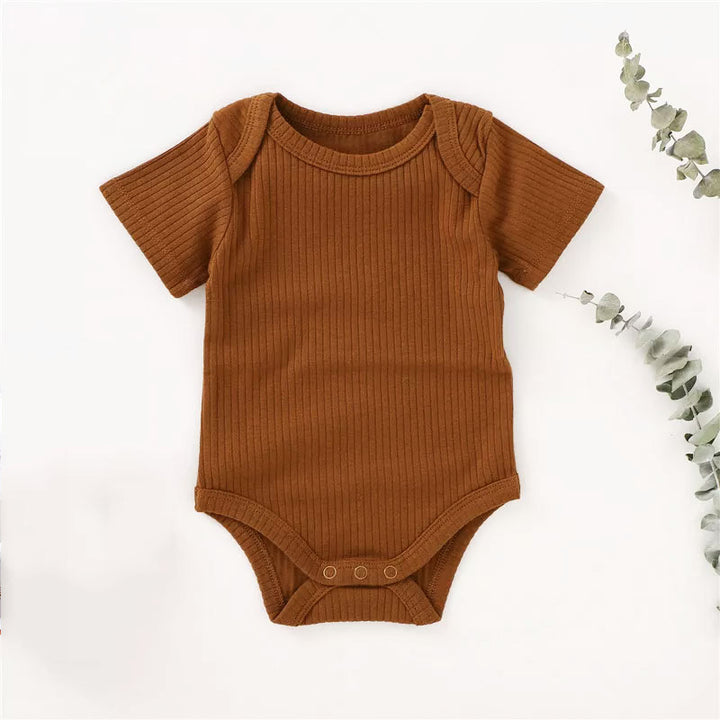 Sloan Short Sleeve Baby Romper Rib Kint Organic Cotton - Brown Color (2)