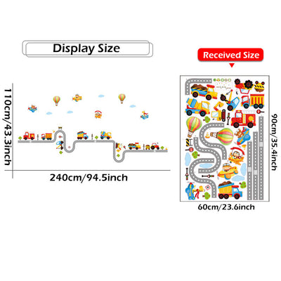 Trucks, planes, road & air balloons nursery wall sticker size